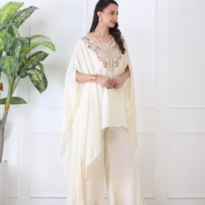 Off-White Asymmetrical Kaftan Cord Set with Flared Satin Crape Plasso