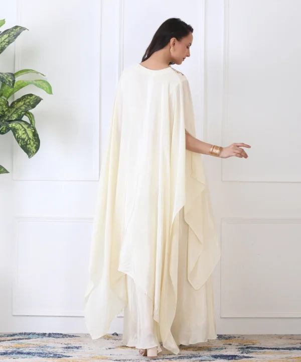 Off-White Asymmetrical Kaftan Cord Set with Flared Satin Crape Plasso - Image 2