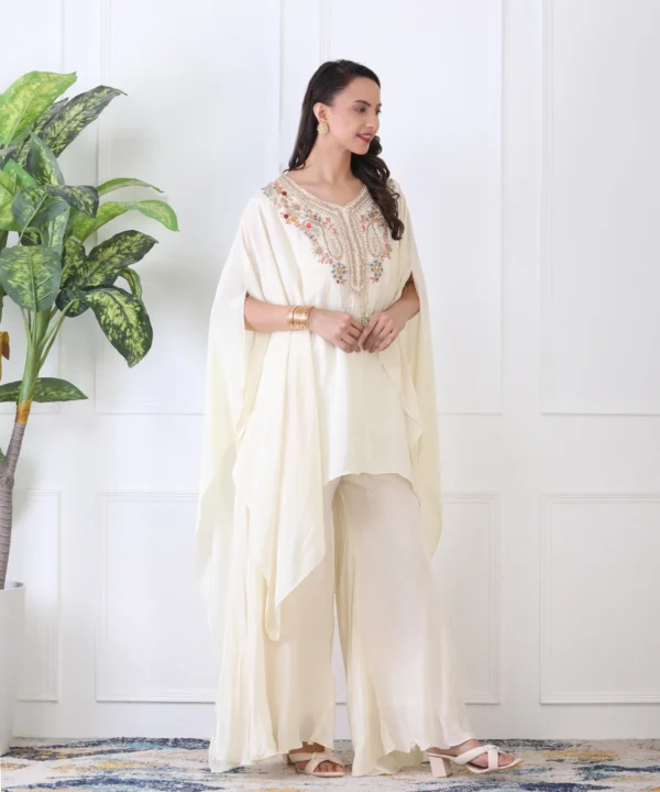 Off-White Asymmetrical Kaftan Cord Set with Flared Satin Crape Plasso