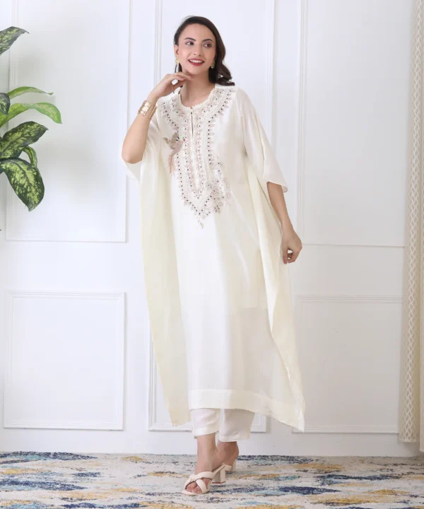 Off-White Silk Kaftan Co-ord Set with Zardozi Hand Embroidery - Image 2