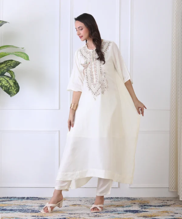 Off-White Silk Kaftan Co-ord Set with Zardozi Hand Embroidery - Image 3