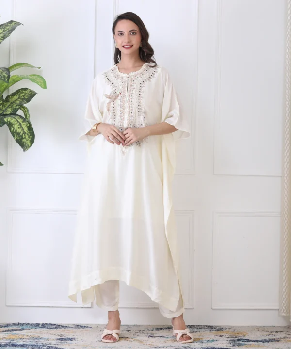 Off-White Silk Kaftan Co-ord Set with Zardozi Hand Embroidery - Image 4