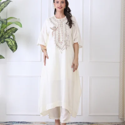 Off-White Silk Kaftan Co-ord Set with Zardozi Hand Embroidery