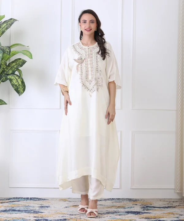 Off-White Silk Kaftan Co-ord Set with Zardozi Hand Embroidery