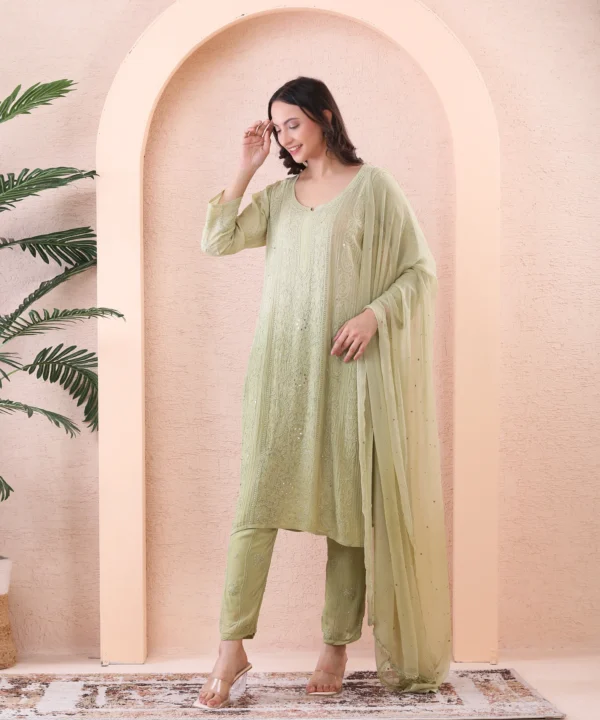 Olive Green Georgette Suit Set with Chikan Embroidery - Image 2