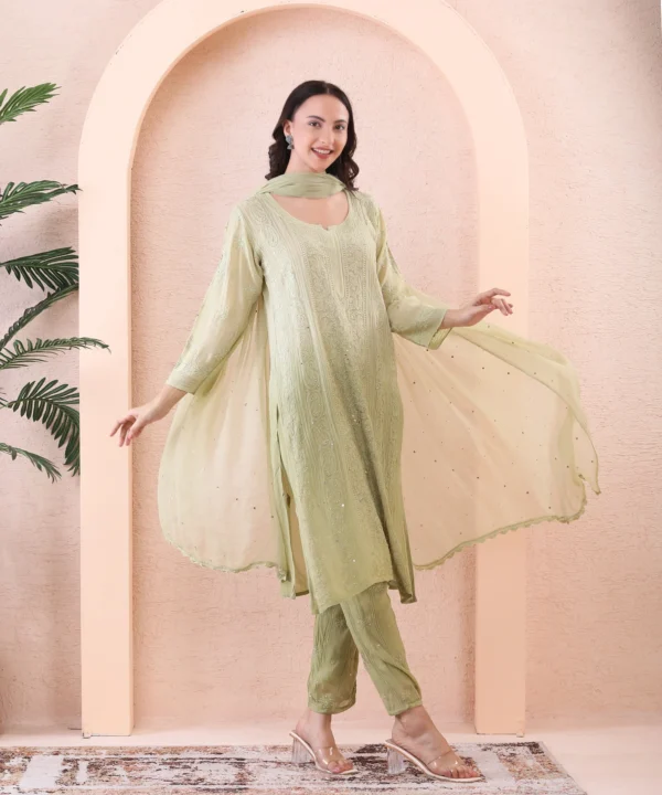 Olive Green Georgette Suit Set with Chikan Embroidery - Image 3