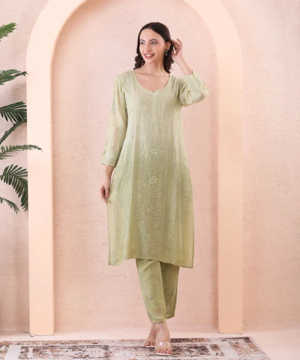 Olive Green Georgette Suit Set with Chikan Embroidery - Image 4