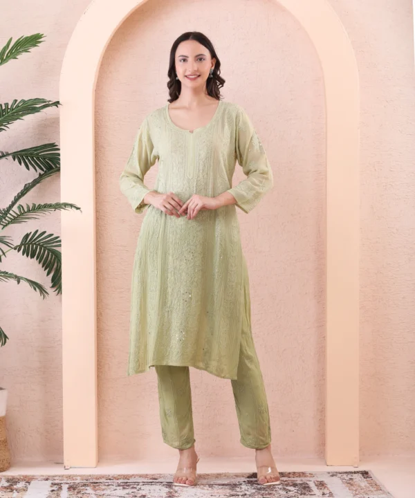 Olive Green Georgette Suit Set with Chikan Embroidery - Image 5