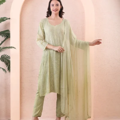 Olive Green Georgette Suit Set with Chikan Embroidery