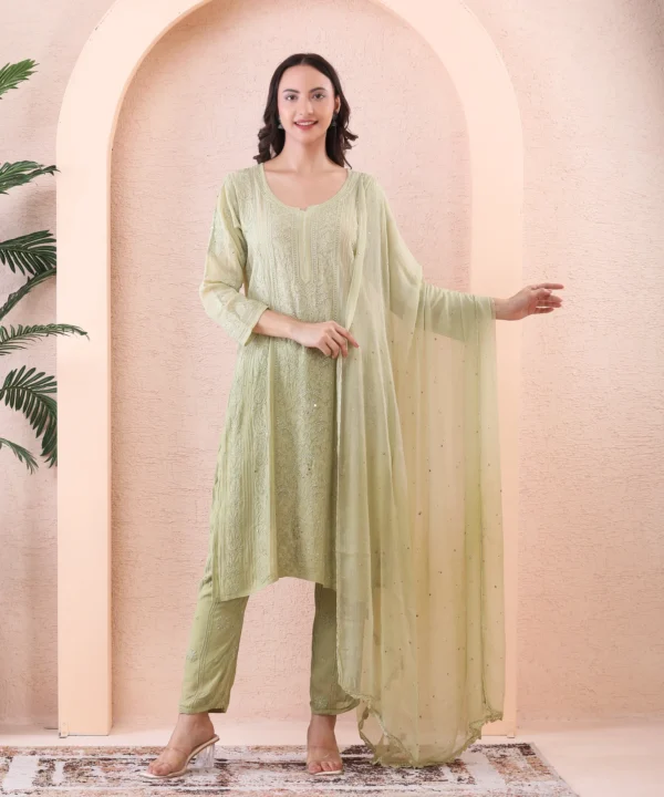 Olive Green Georgette Suit Set with Chikan Embroidery
