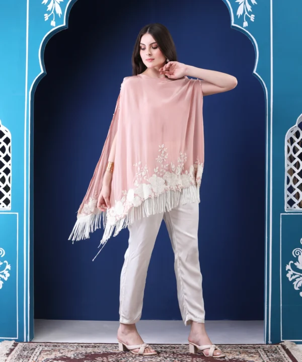 Pastel Peach Crape Kaftan Cord Set with Bead Embroidery - Image 5