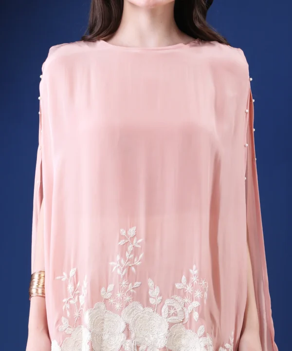 Pastel Peach Crape Kaftan Cord Set with Bead Embroidery - Image 4