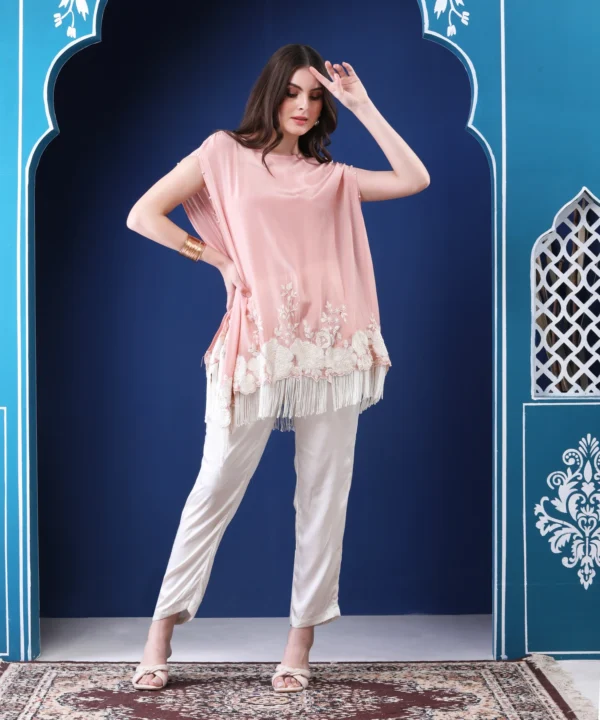 Pastel Peach Crape Kaftan Cord Set with Bead Embroidery - Image 3