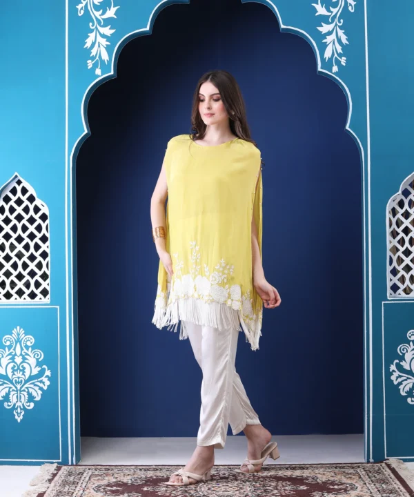 Pastel Yellow Crape Kaftan Co-ord Set with Bead Embroidery - Image 2