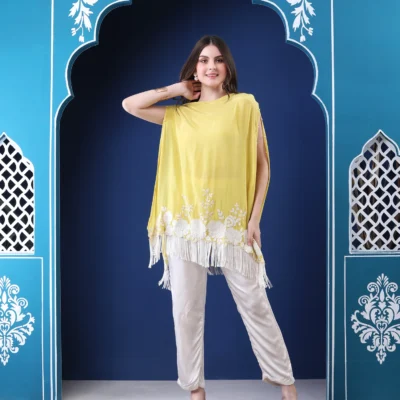 Pastel Yellow Crape Kaftan Co-ord Set with Bead Embroidery