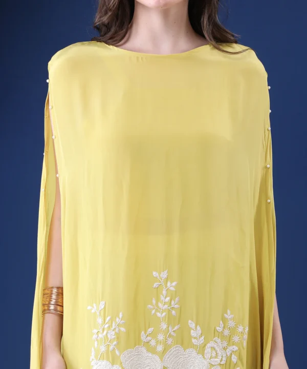 Pastel Yellow Crape Kaftan Co-ord Set with Bead Embroidery - Image 5