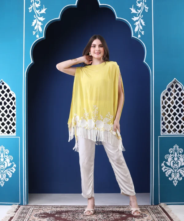 Pastel Yellow Crape Kaftan Co-ord Set with Bead Embroidery