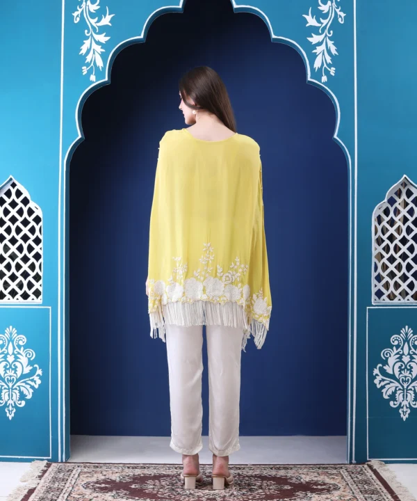Pastel Yellow Crape Kaftan Co-ord Set with Bead Embroidery - Image 4