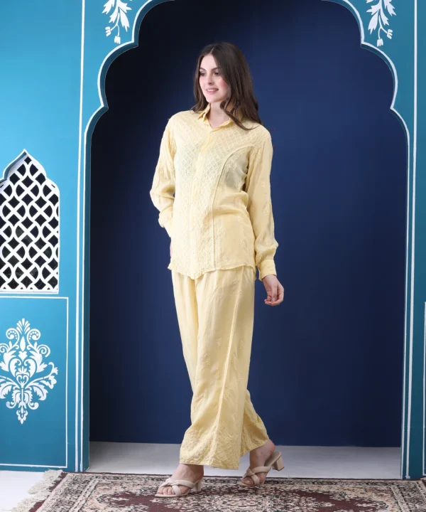 Co-ord Set Ikkat Mulmul Cotton Pastel Yellow - Image 3