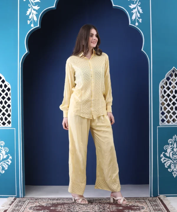 Co-ord Set Ikkat Mulmul Cotton Pastel Yellow - Image 4