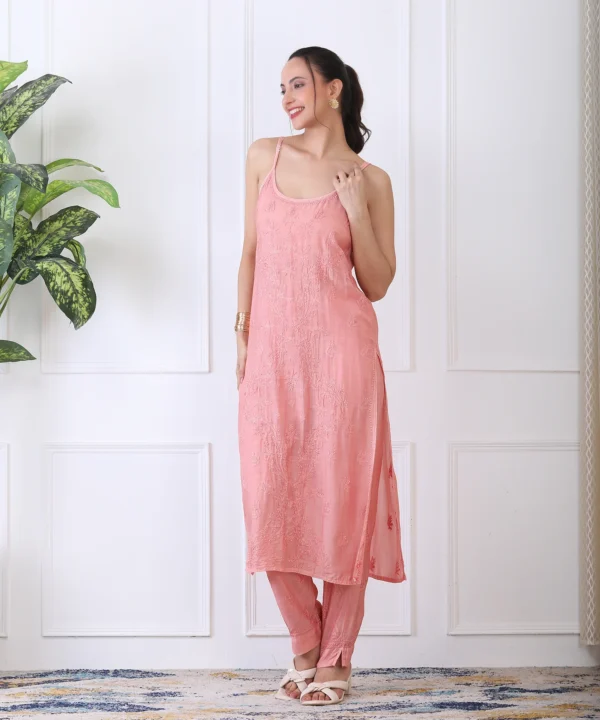 Peach Color Kurta Set with Chikan Hand Embroidery - Image 5