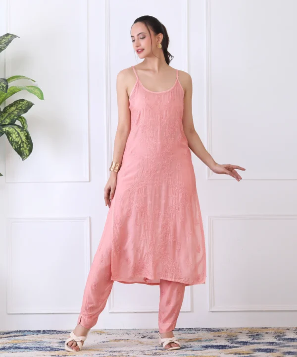 Peach Color Kurta Set with Chikan Hand Embroidery - Image 3