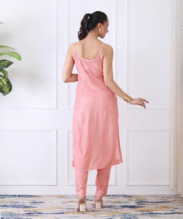 Peach Color Kurta Set with Chikan Hand Embroidery - Image 2