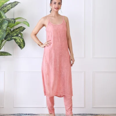 Peach Color Kurta Set with Chikan Hand Embroidery