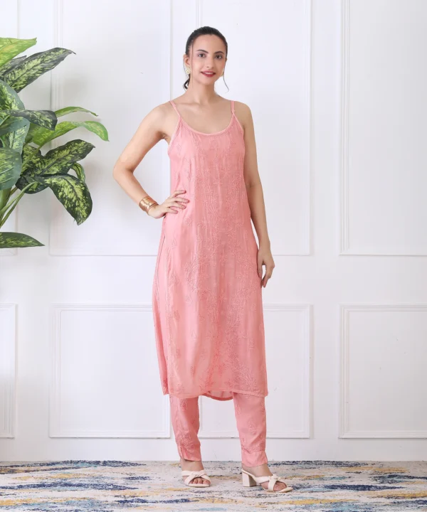 Peach Color Kurta Set with Chikan Hand Embroidery
