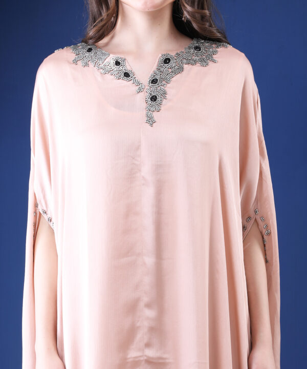 Peach Kaftan Dress in Imported Chinnon with Metallic Stone - Image 7