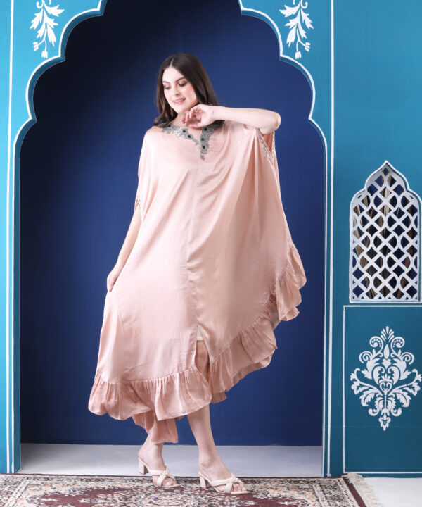 Peach Kaftan Dress in Imported Chinnon with Metallic Stone - Image 8