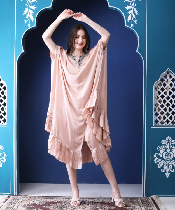 Peach Kaftan Dress in Imported Chinnon with Metallic Stone