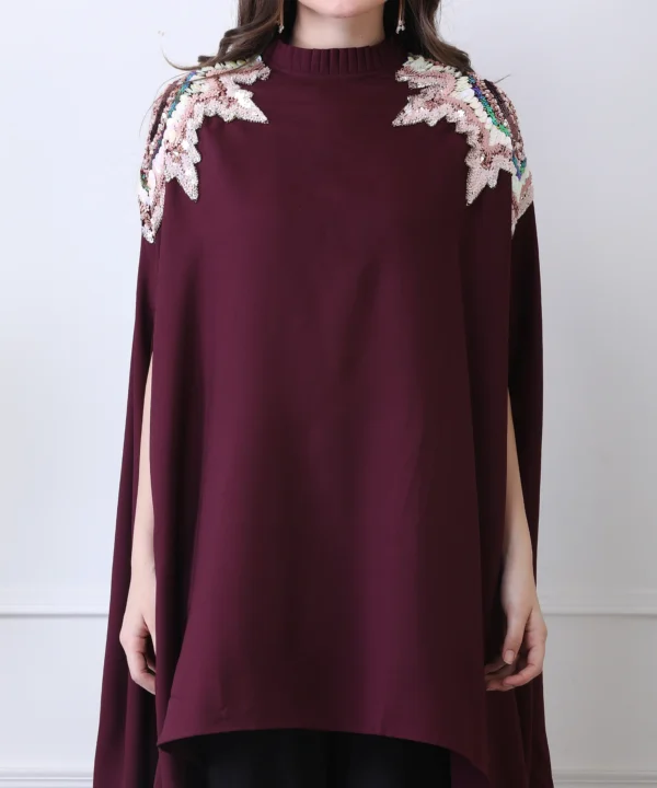 Plum Red Cape Top in with Sequin Handwork - Image 2
