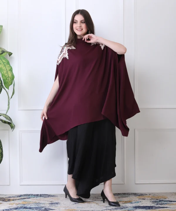 Plum Red Cape Top in with Sequin Handwork - Image 4