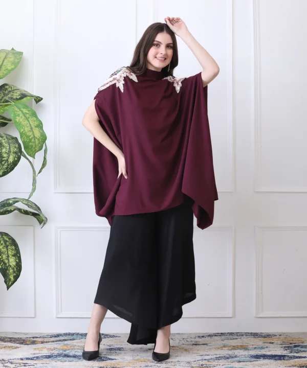 Plum Red Cape Top in with Sequin Handwork - Image 5