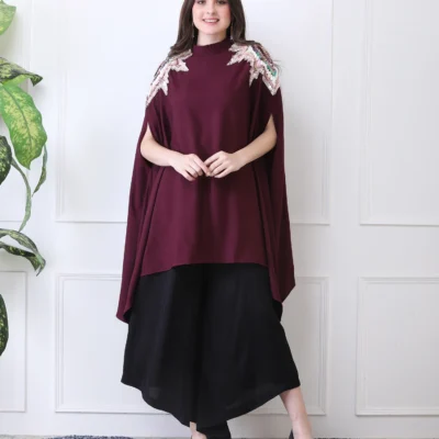 Plum Red Cape Top in with Sequin Handwork