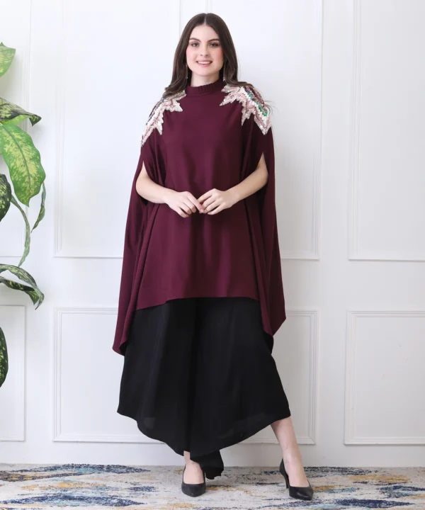 Plum Red Cape Top in with Sequin Handwork