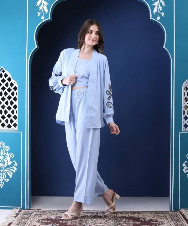 Powder Blue Three-Piece Co-ord Set with Sequin Handwork Shrug - Image 2