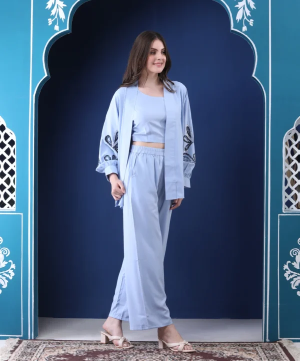 Powder Blue Three-Piece Co-ord Set with Sequin Handwork Shrug - Image 4