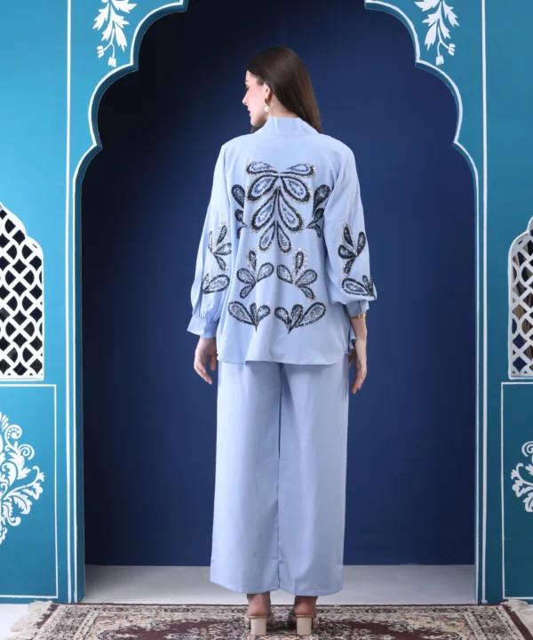 Powder Blue Three-Piece Co-ord Set with Sequin Handwork Shrug - Image 5
