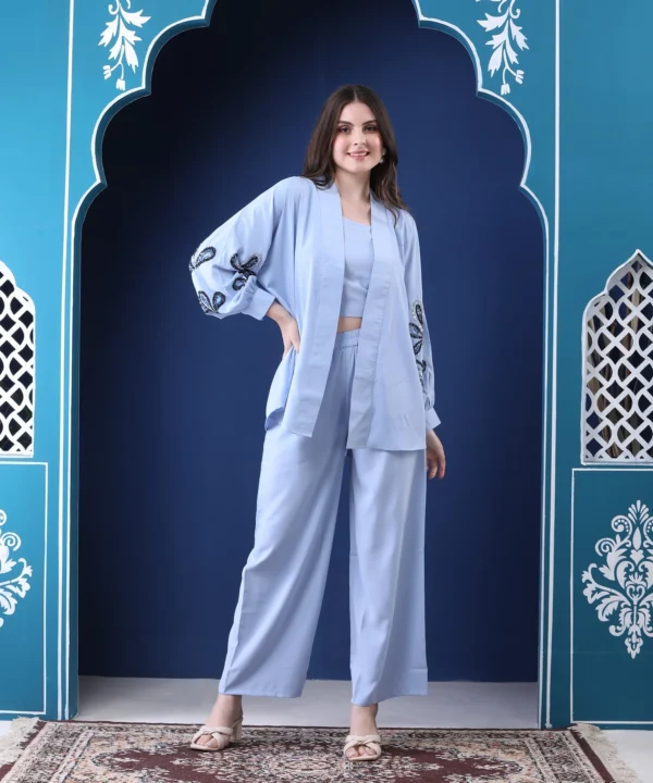 Powder Blue Three-Piece Co-ord Set with Sequin Handwork Shrug - Image 6