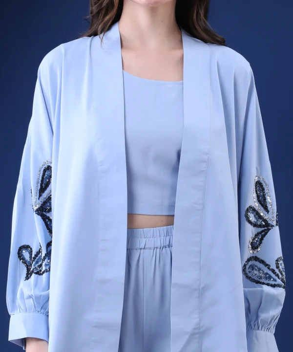 Powder Blue Three-Piece Co-ord Set with Sequin Handwork Shrug - Image 3