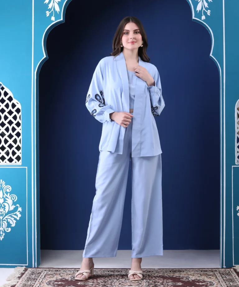 Powder Blue Three-Piece Coord Set with Sequin Handwork Shrug