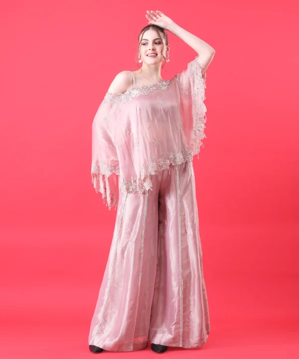 Prismrose Tissue Cape Set with Handwork Pearls - Image 4