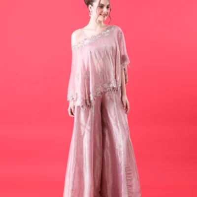 Prismrose Tissue Cape Set with Handwork Pearls