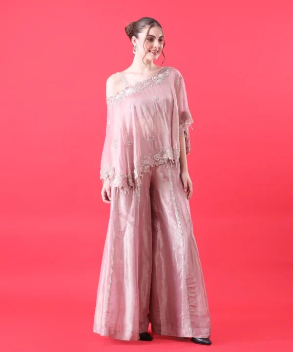 Prismrose Tissue Cape Set with Handwork Pearls