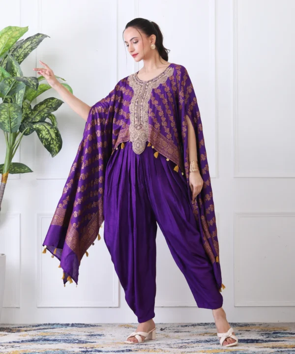 Purple Jacquard Silk Brocade Cape Set with Pipe Embroidered - Image 4