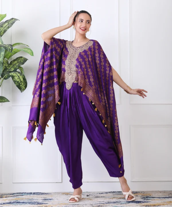 Purple Jacquard Silk Brocade Cape Set with Pipe Embroidered - Image 3