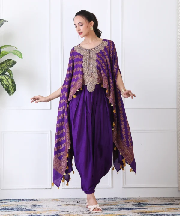 Purple Jacquard Silk Brocade Cape Set with Pipe Embroidered - Image 2
