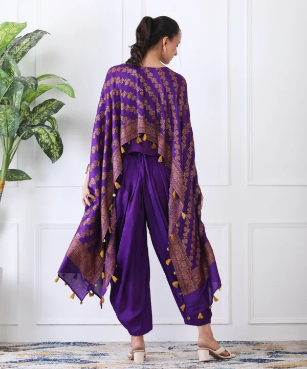 Purple Jacquard Silk Brocade Cape Set with Pipe Embroidered - Image 5